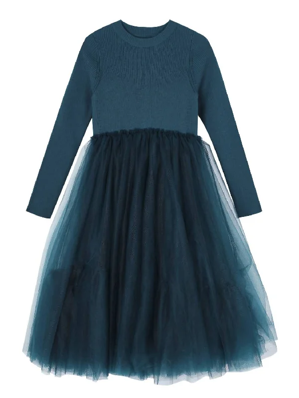 Time-Limited Offer Girl's Ribbed Sweater And Tulle Dress In Blue