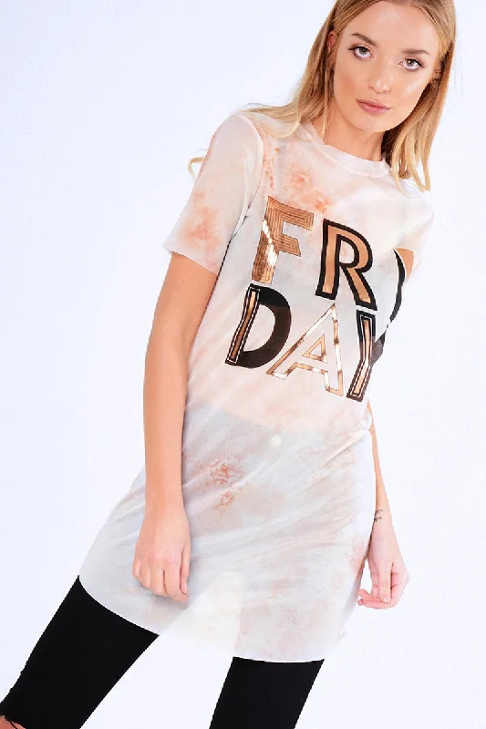 New Markdowns Pink Tie Dye Sheer Mesh 'Friday' Slogan T-Shirt Dress - Flynn