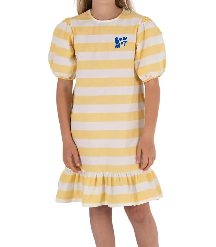 Incredible Offers Balloon Sleeves Stripes Dress In Ivory