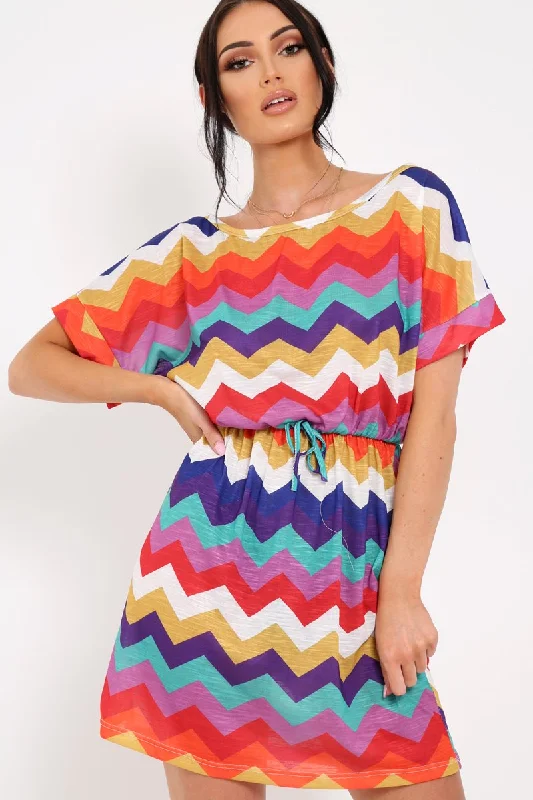 Limited Availability Multi Coloured Zig Zag Tie Waist T Shirt Dress - Maegan