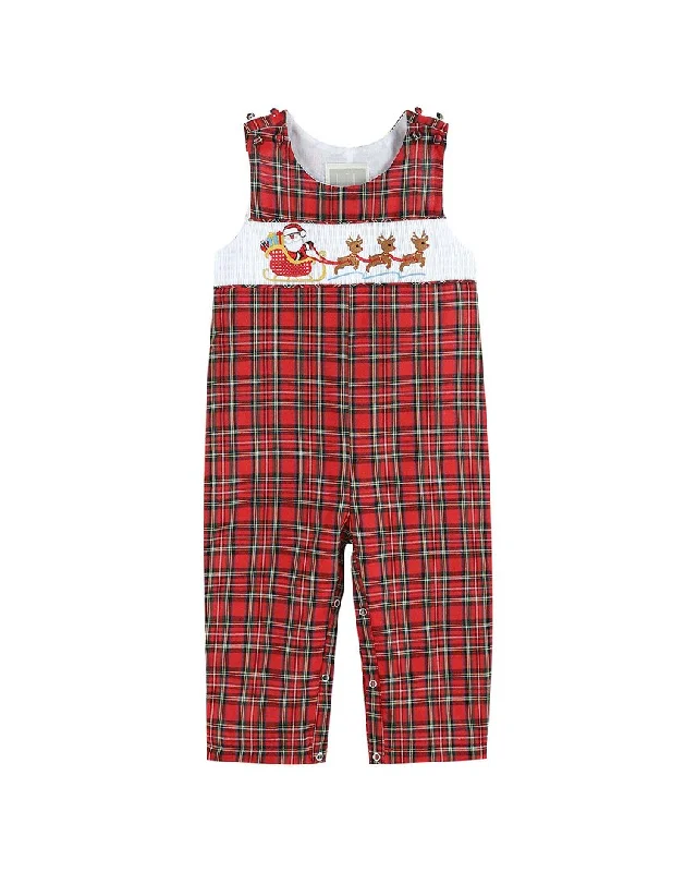 Great Deals Lil Cactus Christmas Plaid Santa Sleigh Smocked Overall