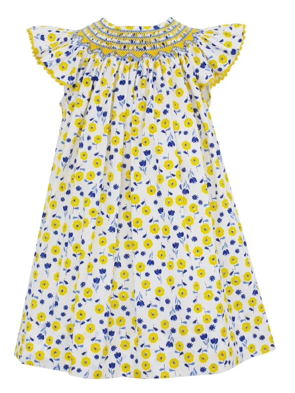 Price Drop Girl's Angel Wing Bishop Dress In Yellow & Blue Floral Print