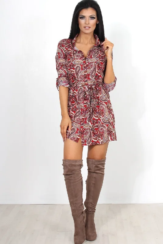 Limited Time Offer Mona Red Paisley Print Shirt Dress