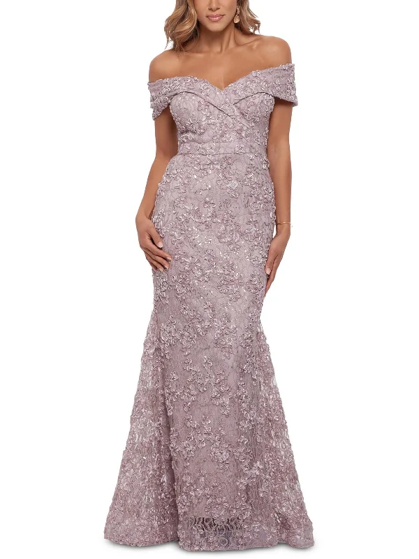 Crazy Savings Petites Womens Lace Off-The-Shoulder Evening Dress