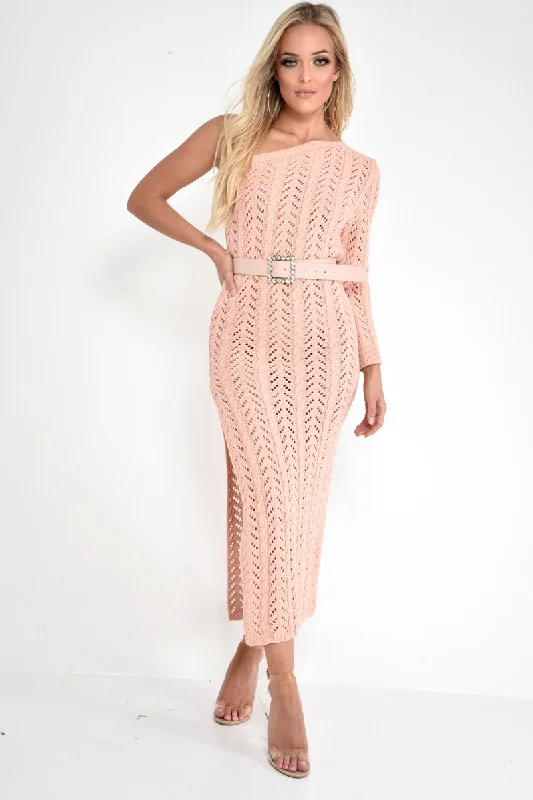 Today’s Deal Nude One Shoulder Open Knit Maxi Dress - Dierra