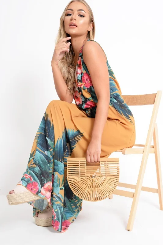 Deal Alert Mustard Chiffon Leaf Print Plunge Maxi Dress - Marlin