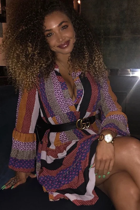 Fantastic Offers Multi Plunge Aztec Flute Sleeve Shift Dress - Olesya
