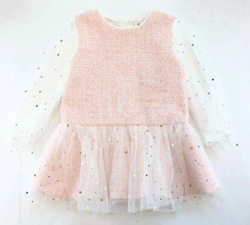 Bargain Bin Star Mesh Long Sleeve Tweed Dress In Pink