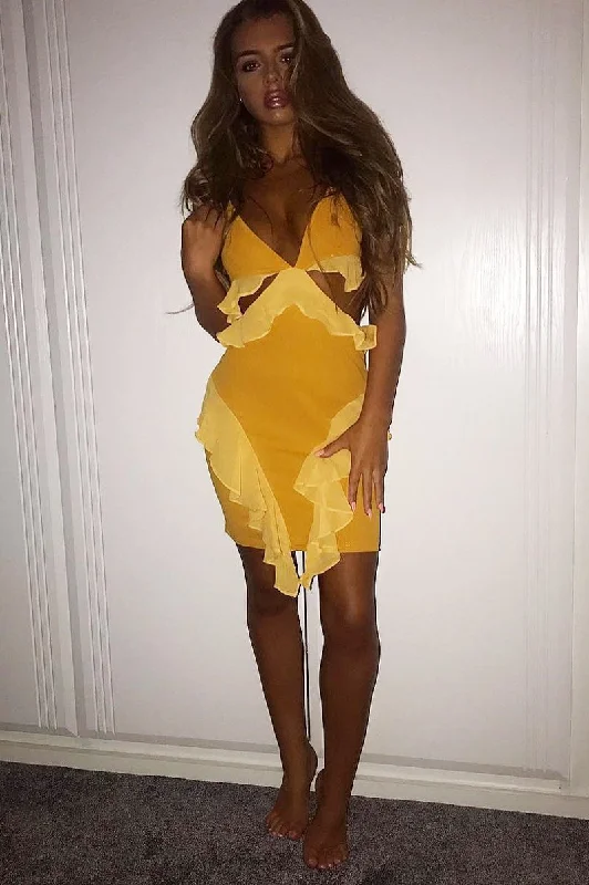 Sneak Peek Sale Mustard Halterneck Cut Out Mini Dress - Kamila