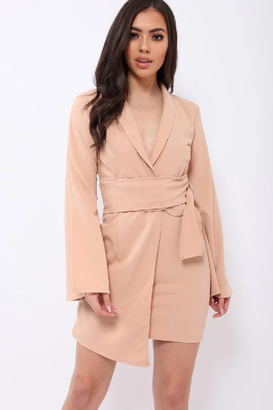 Midnight Sale Nude Blazer Dress with Ring Belt Detail - Emilie
