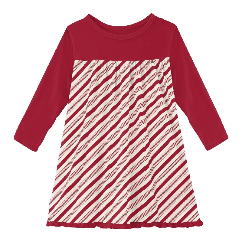 Limited Time Discount Girls' Print Classic Long Sleeve Swing Dress In Crimson Candy Cane Stripe