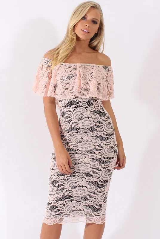 Limited Time Nude Lace Bardot Frill Midi Dress - Keysha
