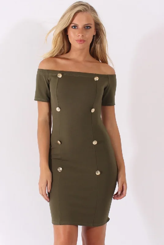 Midnight Sale Khaki Bardot Bodycon Button Detail Dress - Wallis