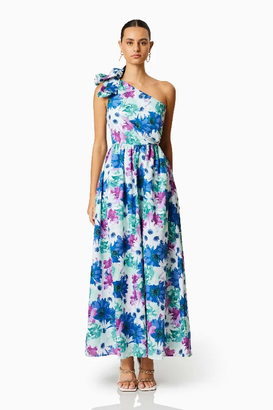Final Clearance Aloha One Shoulder Midi Dress In Blue