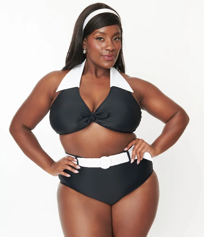Inventory Reduction Unique Vintage Plus Size Black & White Halter Swim Top