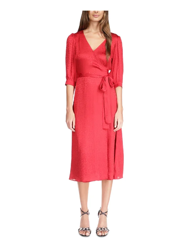 Super Sale MICHAEL MICHAEL KORS Womens Red Pocketed Tie Belt Animal Print 3/4 Sleeve Surplice Neckline Midi Party Wrap Dress