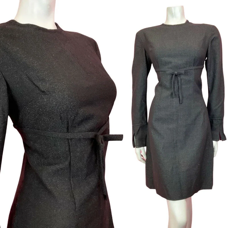 Mega Deal VINTAGE 60s 70s BLACK SILVER LUREX BOW MOD LONGSLEEVE SHORT DRESS 10 12