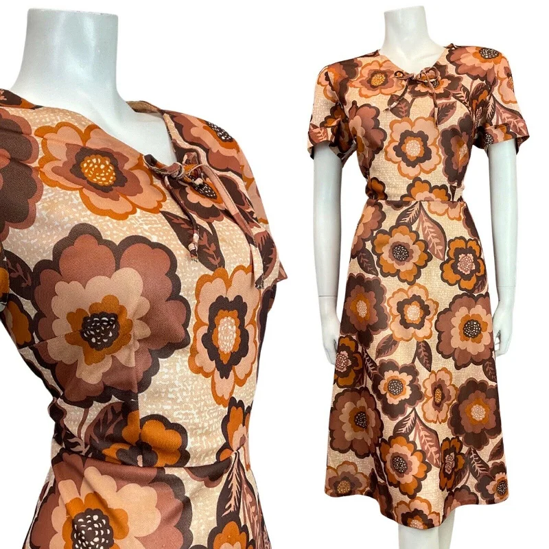 Now or Never VINTAGE 60s 70s BROWN CREAM ORANGE FLORAL DAISY MOD SWING DRESS 16
