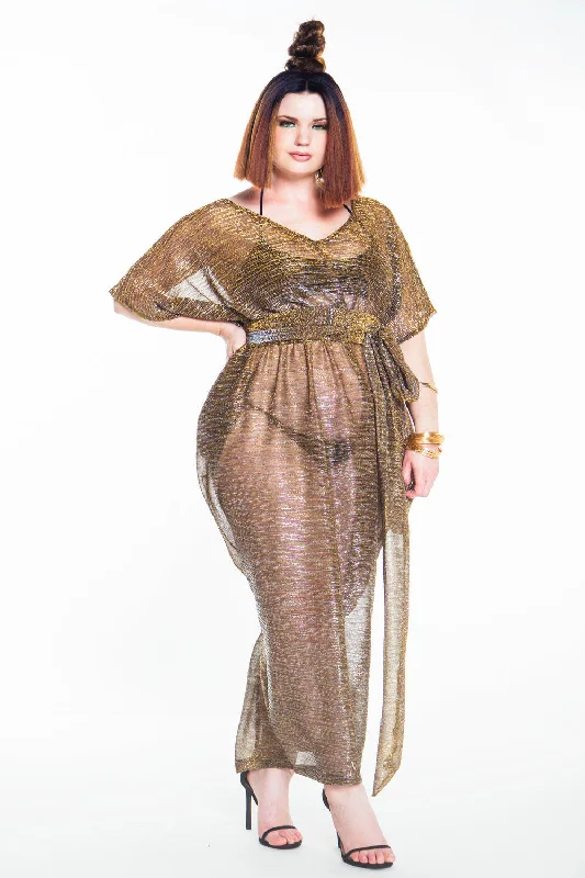 Deal Dash V Neck Metallic Accordian Sheer Slouch Poolside Maxi Dress- JIBRI