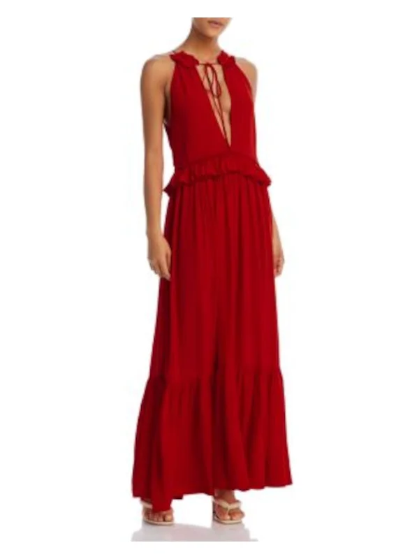 The Best Prices EVARAE Womens Red Ruffled Tie Back Cutout Flounce Hem Lined Sleeveless V Neck Maxi Party Dress